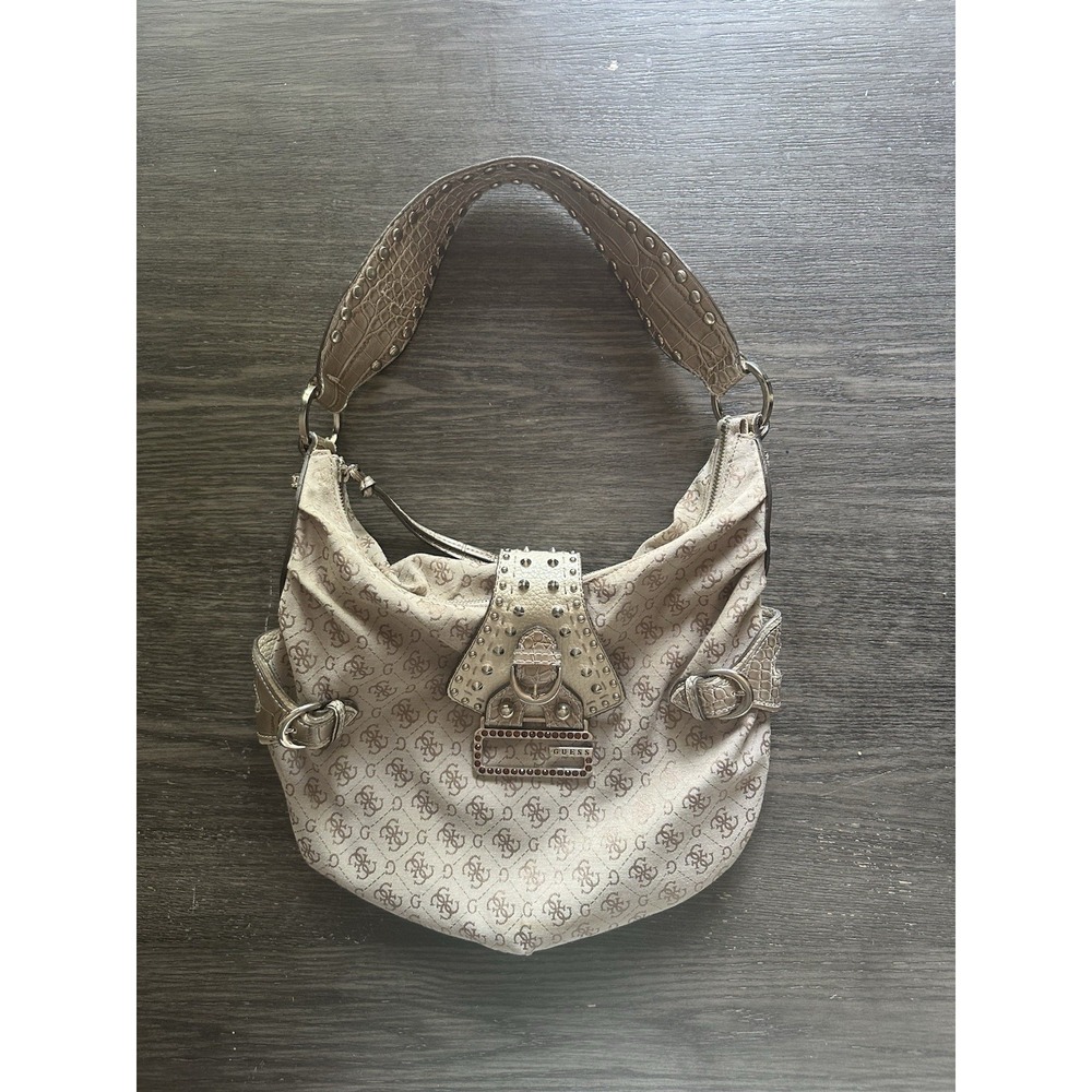Guess Monogram Tan Canvas Shoulder Bag Y2k Faux‎ Leather Croc Studded Rhinestone